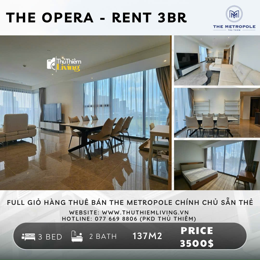 Cho thuê căn hộ 3PN The Opera, 137m2, Full nội thất cao cấp, Giá tốt! - Bán căn 3PN trực diện sông, thang máy riêng!